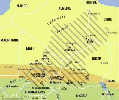 Mapa území a rodů Tuaregů